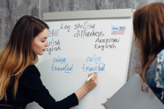 Instructor teaching english on white board,