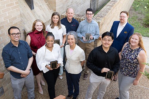 Winners of the Clyde G. Huggins Award for Summer Research, along with their faculty mentors, are: front row, Mohamed Shaban, Ph.D.; Cya Johnson; Thuy Phung, M.D., Ph.D.; Richard Fu; Amy R. Nelson, Ph.D.; back row, Kelly Blacksher; Brooke Tarrant; Robert Barrington, Ph.D.; Conner Hall; and Mark Swingle, Ph.D.