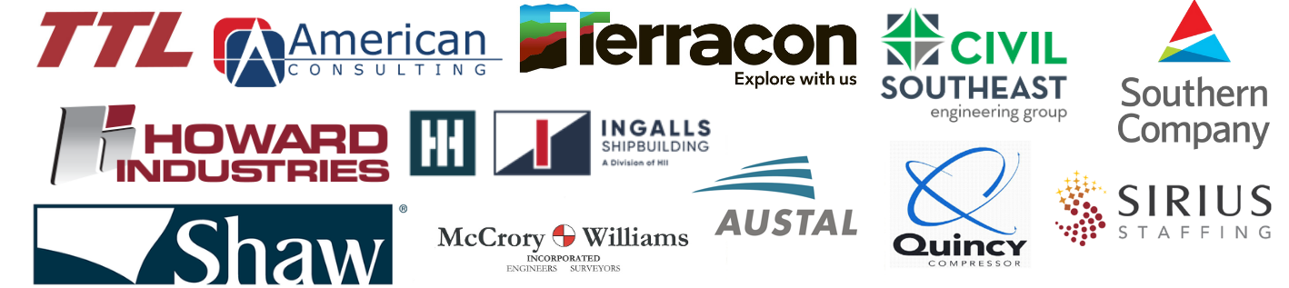logos blue sponsors - TTL American Consulting, Terracon, Civil Southeast Engineering Group, Southern Company, Howard Industries, Ingals Ship Building a division of H I I, Austal, Quincy Compressor, Sirius Staffing, Shaw, McCrory Williams