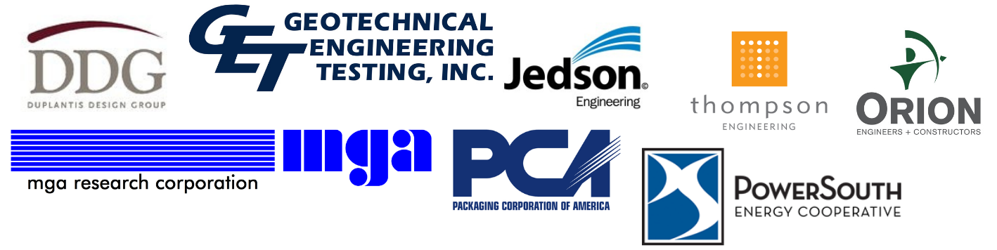 Logos for silver sponsors, Duplantis Design Group, Geo-Technical Engineering Testing, Inc., Jedson Engineering, Thompson Engineering, Orion Engineers and Contructors, M G A Research Corporation, Packaging Corporation of America, Power South Energy Cooperative
