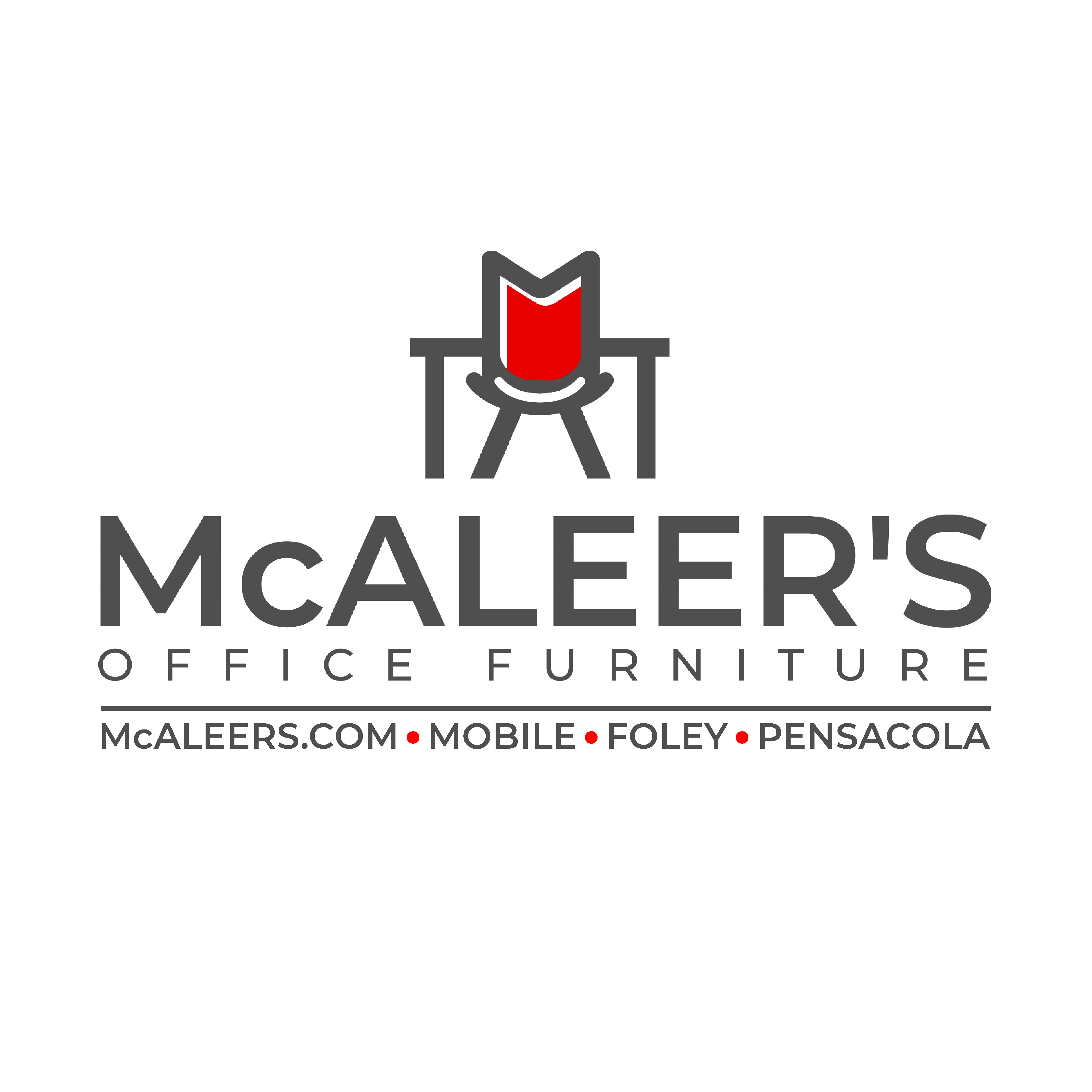 grey chair and grey desk with McAleer's company name and 3 locations