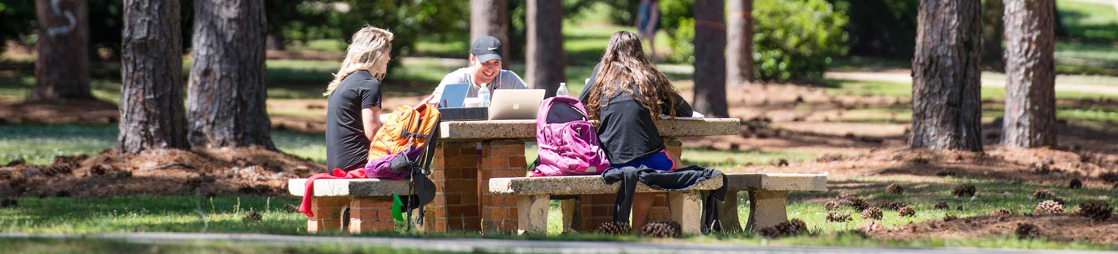 Students studying at a table outdoors on campus.
