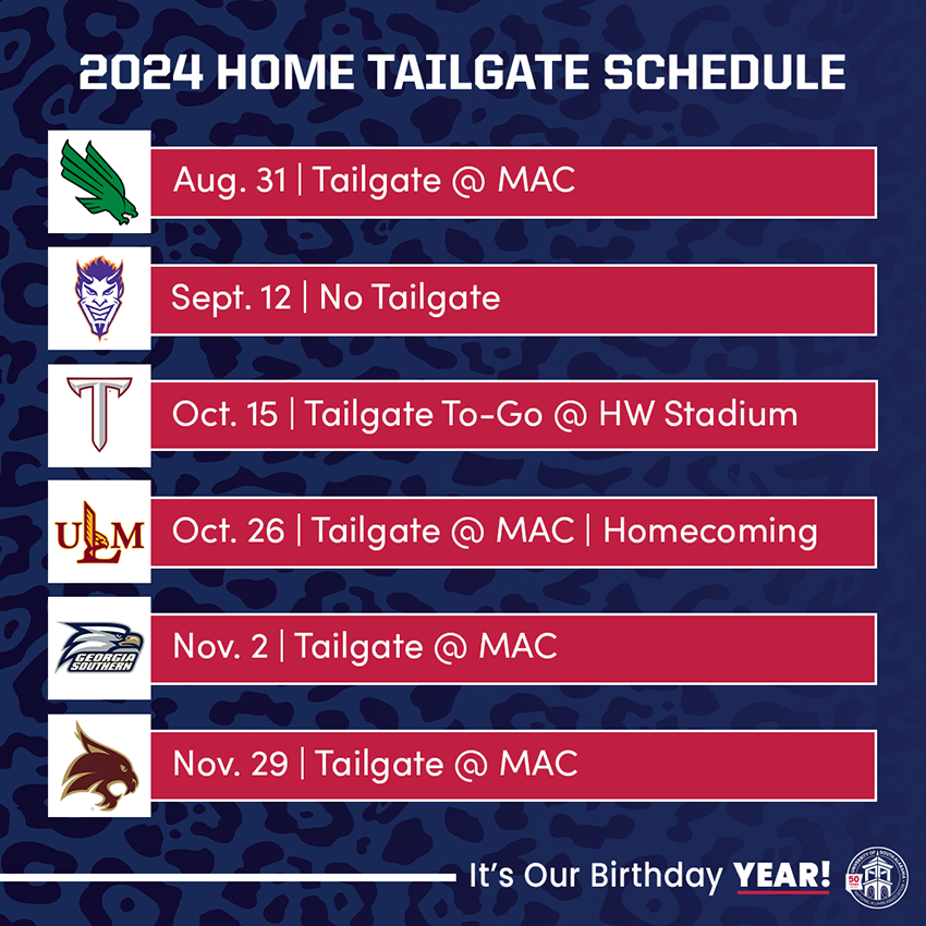 2024 Tailgate Schedule - Aug 31 Tailgate at MAC, Sept 12 No Tailgate, Oct 15 Tailgate at HW Stadium, Oct 26 Tailgate at MAC, Nov 2 Tailgate at MAC, and Nov 29 Tailgate at MAC