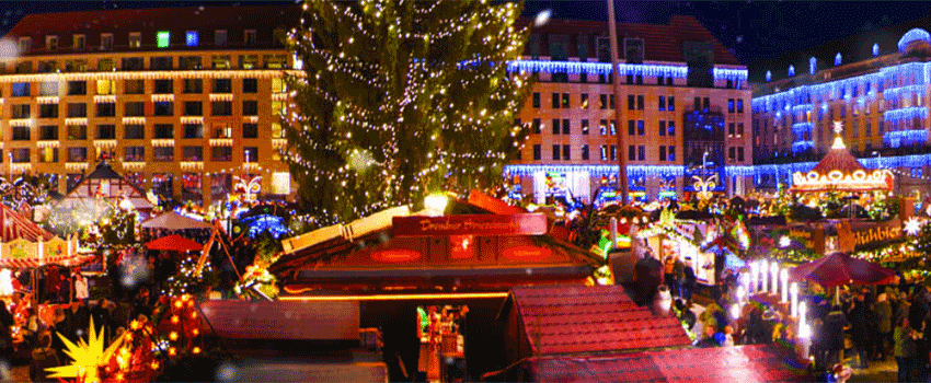 Christmas in Europe displaying a Christmas tree and carnival.