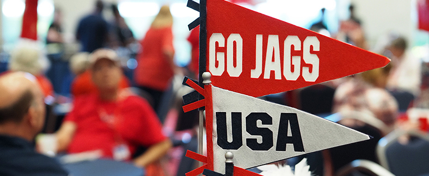 Go Jags and USA pennants on table at tailgate event.