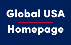 Global USA Homepage in white on blue background with red line