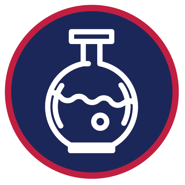 blue circle with white icon of a beaker