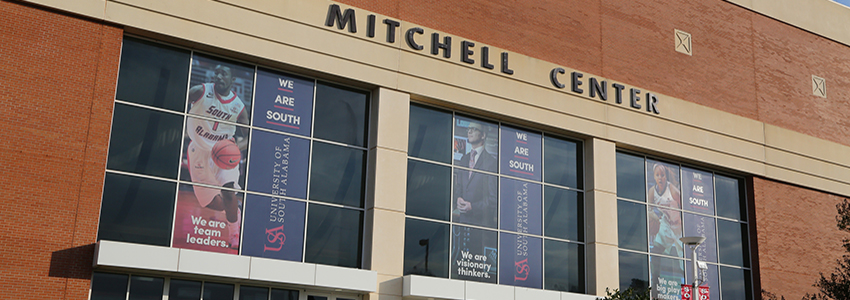 Mitchell Center back view showing the banners.