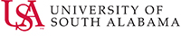 USA Red and Black Logo with the words University of South Alabama horizontal next to logo