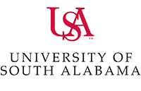 USA Red and Black Logo with the words University of South Alabama stacked underneath letters