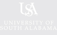 USA White Logo with the words University of South Alabama stacked underneath letters