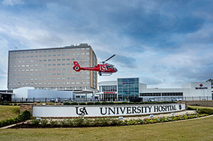 SouthFlight helicopter flying outside of University Hospital.