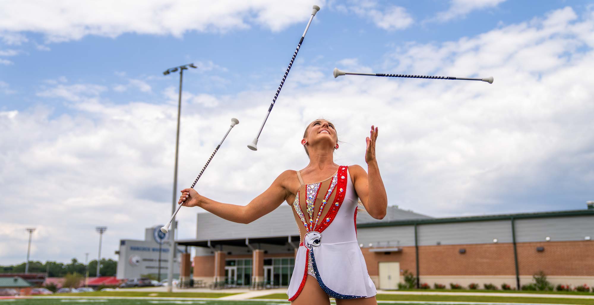 University of South Alabama sophomore Nevaeh Green, a feature twirler for the Jaguar Marching Band, practicing on campus. 