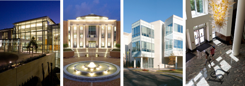 USA Buildings, L-R: Mitchell Cancer Institute, Shelby Hall, Tech Park, Health Sciences Building