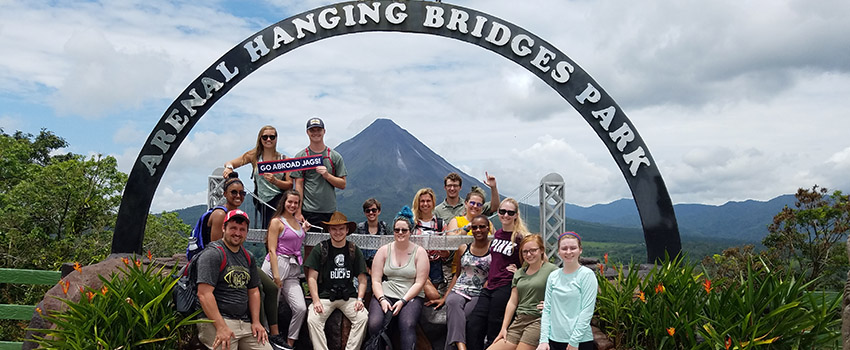 Study Abroad students in front of the Arenal Hanging Bridges Park.