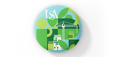 Sustainability at South button with gren buildings.